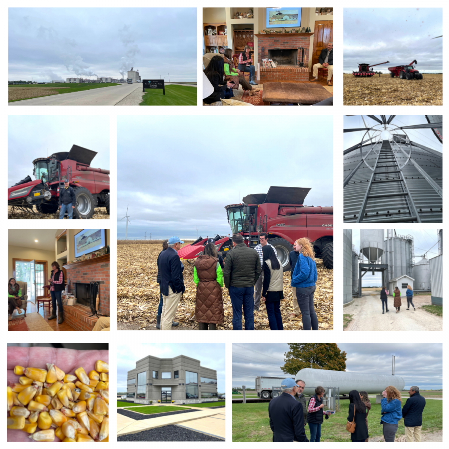 collage of pictures of visit to ethanol plant and farm in Illinois while they harvest